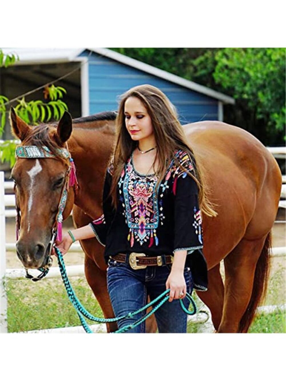Women's Mexican Embroidered Shirt Bohemian 3/4 Sleeve Tunic Top - Picture 4 of 7